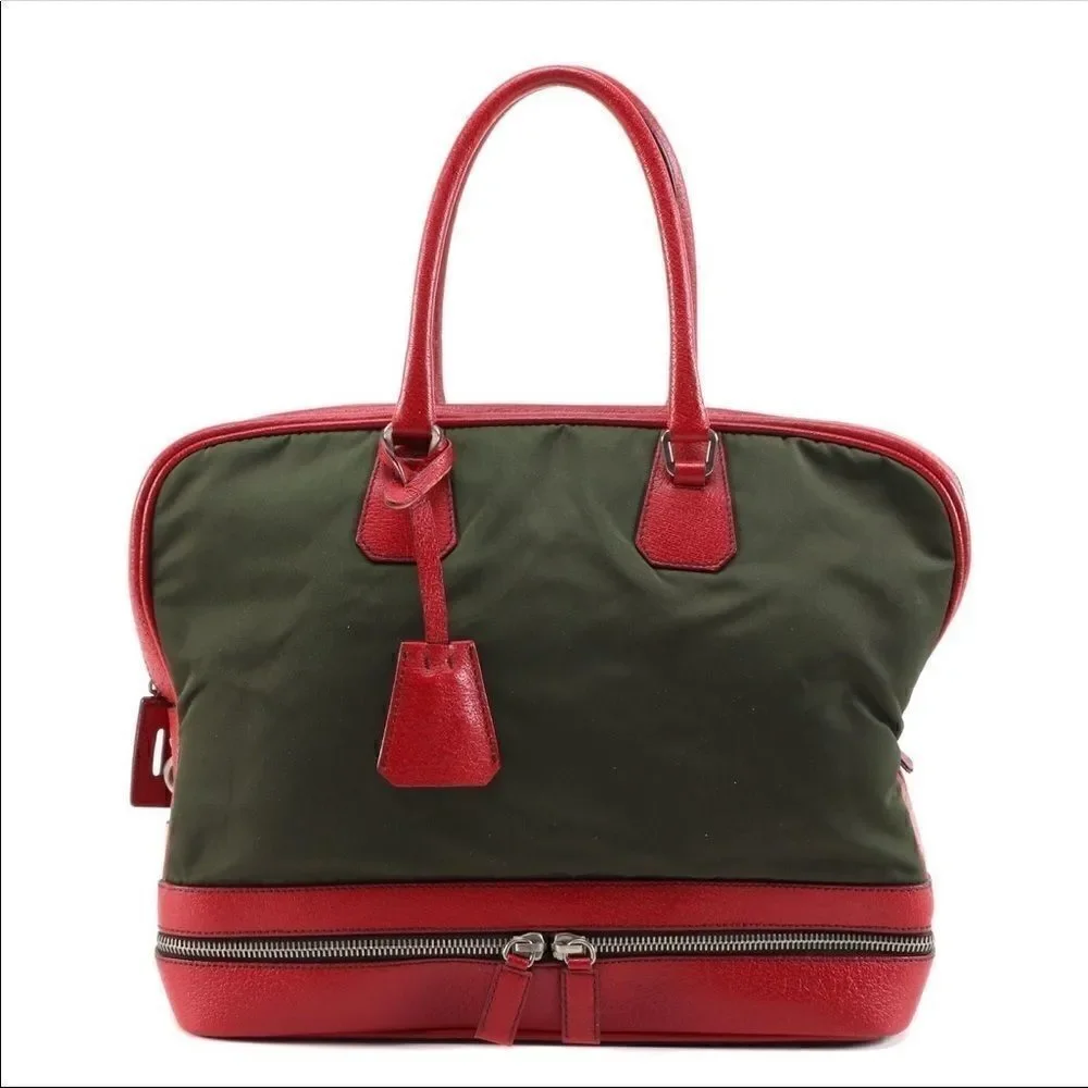 Auth Prada red leather and green nylon hand bag - Picture 6 of 16